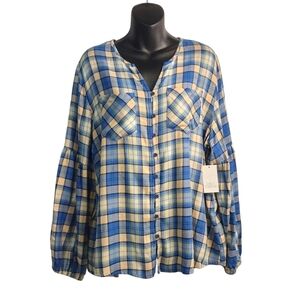 Daily Thread Women's Multicolor Plaid V-Neck Button Down Shirt Size XL/TG NWT